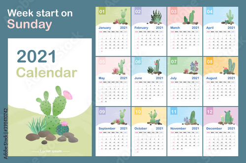 2021 calendar template. Calendar concept design with natural patterns of cactus. Set of 12 months 2021 pages