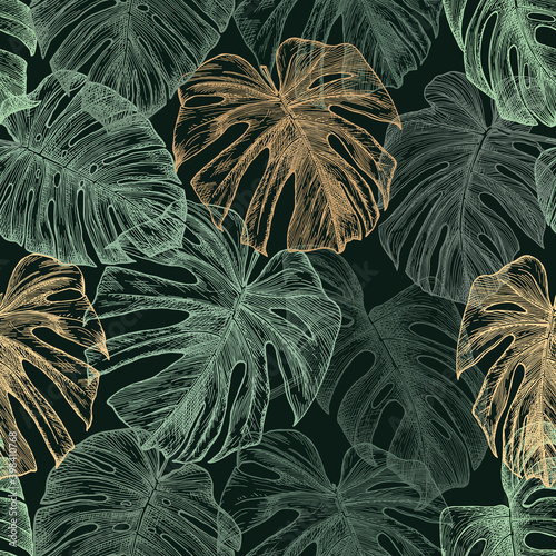 Green and golden tropical leaves on a dark green background. Drawn with pen and ink. Monstera leaf outlines in seamless pattern.  Botanical background. 