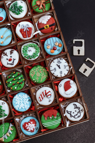 New Year's advent cookies. Christmas background, gift for children.