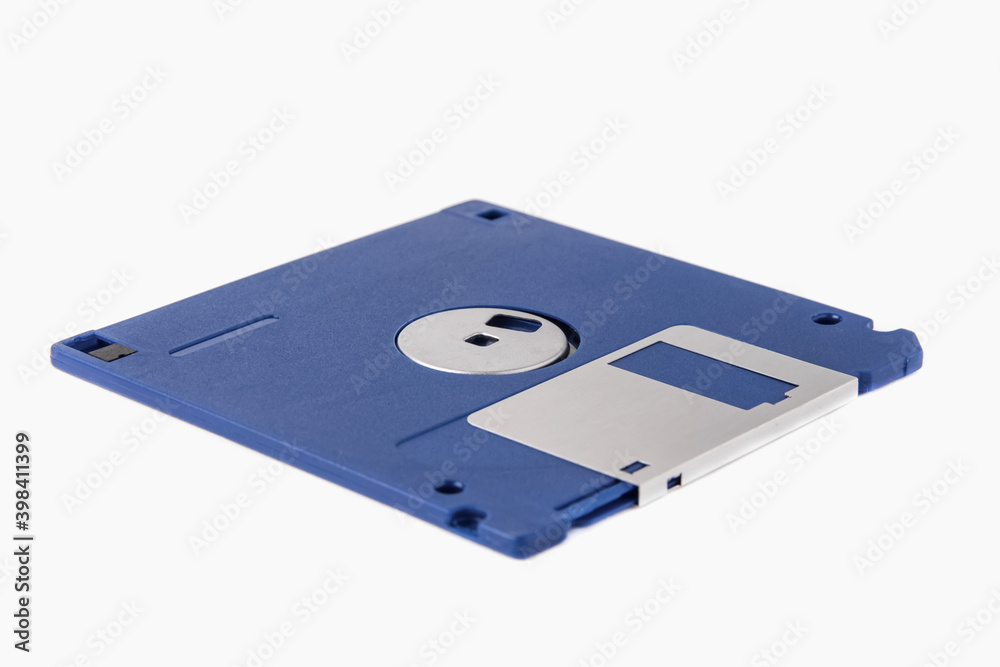 The back of a blue floppy disk isolated on a white background The back of a blue floppy disk isolated on a white background
