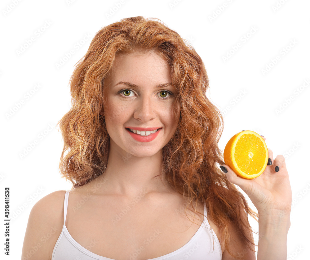 Beautiful young woman with cut orange on white background Beautiful young woman with cut orange on white background