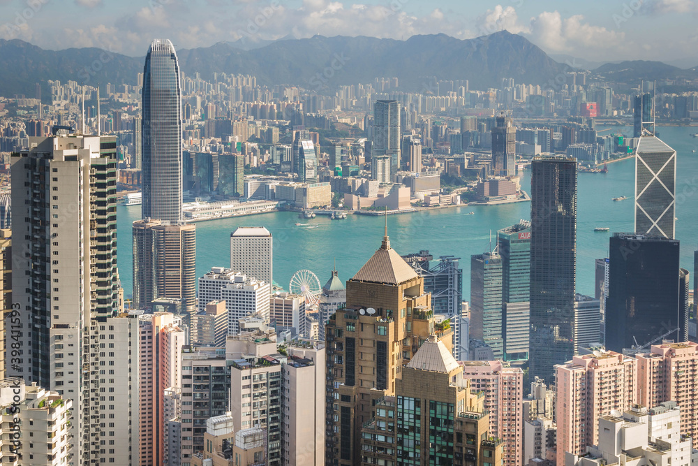 scenery of Hong Kong's Victoria Harbour and skyscraper buildings cityscape from Victoria Peak