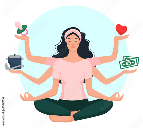 Young smiling woman. multitasking. balance in life. vector illustration in cartoon style