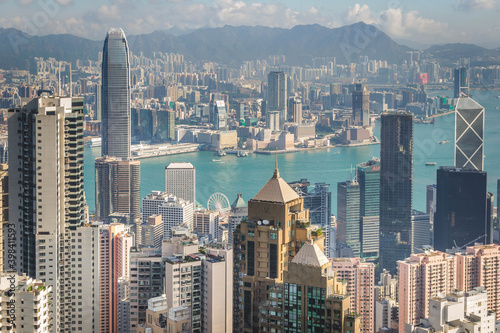 scenery of Hong Kong's Victoria Harbour and skyscraper buildings cityscape from Victoria Peak © WeeYong