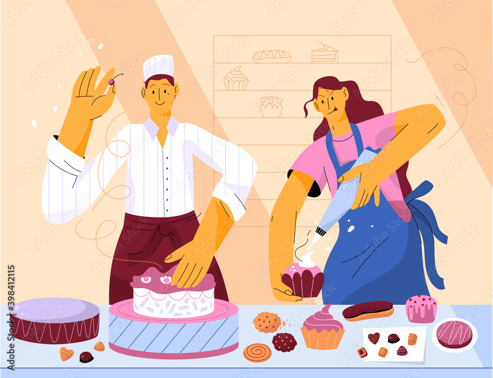Professional pastry chefs decorating cream cake Professional pastry chefs decorating cream cake