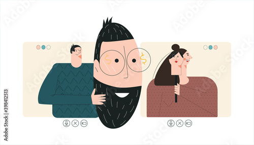 Online dating scam concept. Love and internet technology, scammers couple in love, web fraud, cyber deception. Romance virtual date. Flat vector cartoon illustration with character isolated on white