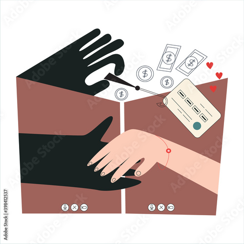 Online dating scam concept. Internet predator and his in love trusting victim. Thief, cyber bandit steal credit card, web fraud, cyber deception. Romance virtual date flat vector illustration 