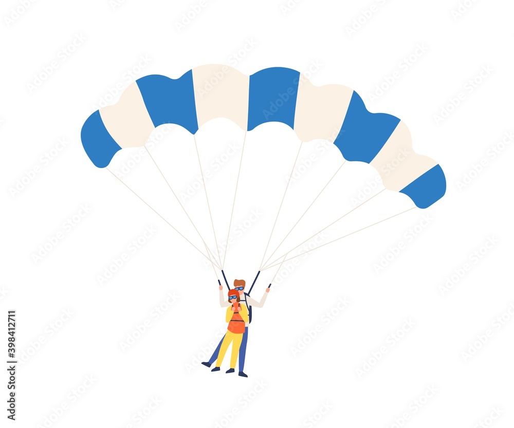 Obraz premium Professional parachutist instructor skydive with woman. Paraglider trainer jump with female character. Extreme activity. Flat vector cartoon illustration of couple of skydivers isolated on white.