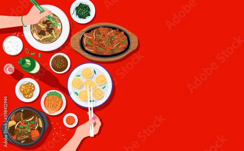 Food background, Top view of people enjoying Korean food together