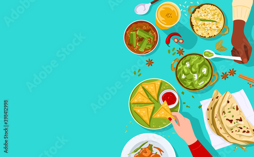 Food banner, Top view of people enjoying Indian food together.