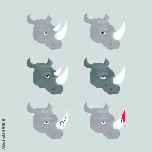 Set of african rhinoceros in different poses cartoon animal design flat vector illustration isolated on white background