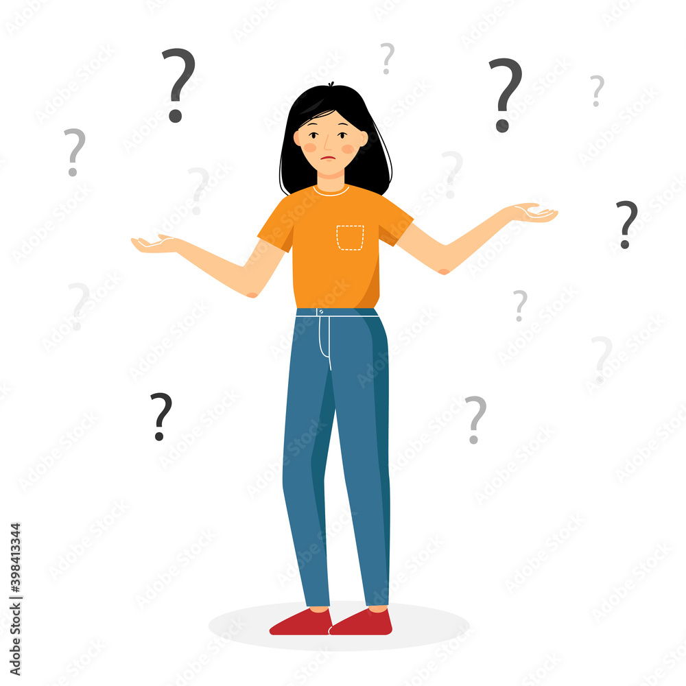 Girl confused with question mark isolated on a white background. Woman have a problem. The girl stands in full growth. Girl confused with question mark isolated on a white background. Woman have a problem. The girl stands in full growth.