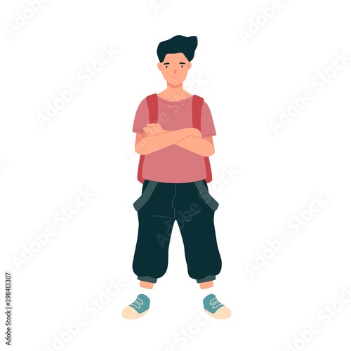 Modern teenage student standing with backpack. Portrait of cute preschool kid. Adolescent pupil with crossed hands. Flat vector cartoon illustration of cheerful schoolboy isolated on white