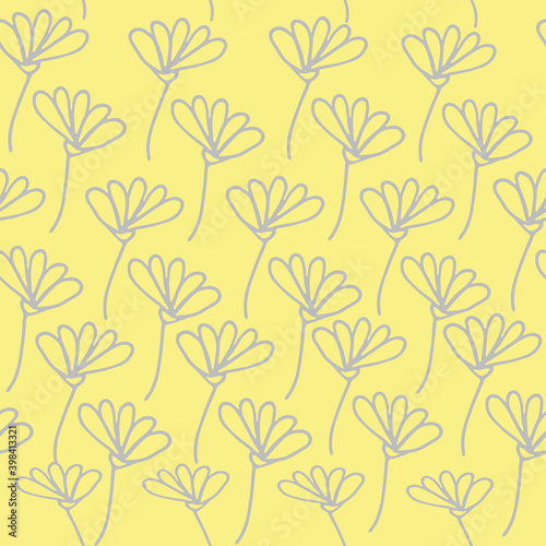 flowers seamless pattern hand drawn in doodle. Floral background for design card  poster  textile  wrapping paper  kitchen  tablecloth. simple trendy color 2021 yellow grey