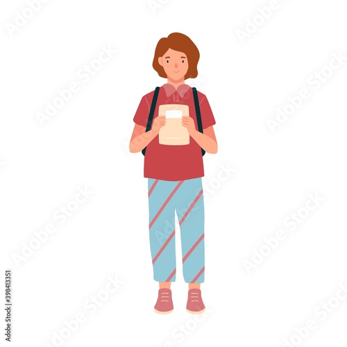 Cute preschool girl holding notebook. Portrait of teenage student with school...