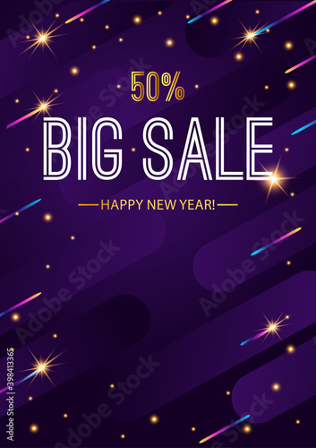 Poster Big sale. 2020 happy new year. Christmas flying sparks on dark background. Modern futuristic style with chaotic gold stripes.