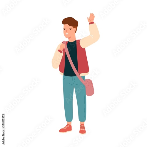 Smiling teenage student waving hand. Happy pupil with schoolbag. Portrait of cute boy or schoolchild. Flat vector cartoon illustration of cheerful schoolboy isolated on white background