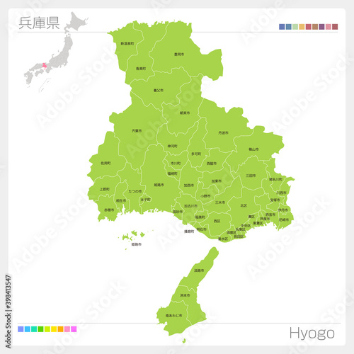 兵庫県の地図・Hyogo・市町村名（市町村・区分け）