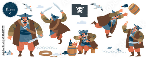 Pirate. Robber, bandit. Big pirate character in different situations. Isolated vector illustration