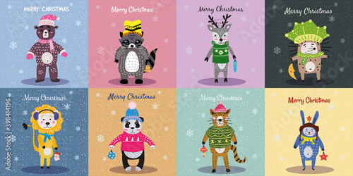 Christmas Animals Card Set cute bear  cat  lion  panda  hedgehog  raccoon  deer  rabbit. Hand drawn collection characters illustration vector