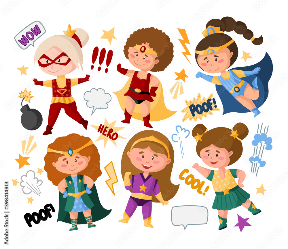 Superhero cartoon girls in super costumes, speech bubbles, signs, isolated vector clipart on white background, cute female superhero comic books kids characters, childish illustration set