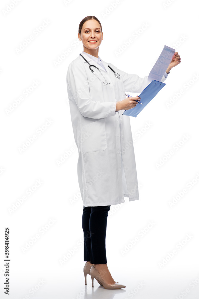 medicine, profession and healthcare concept - happy smiling female doctor in white coat with clipboard and pen medicine, profession and healthcare concept - happy smiling female doctor in white coat with clipboard and pen