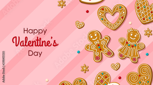 Happy Valentine's Day greeting card with gingerbread man and hearts in glaze. Homemade cookies for a romantic dinner on a pink background. Vector illustration