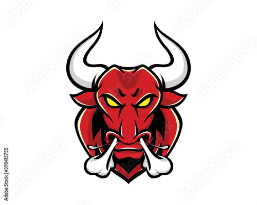 Angry Bull Head with Heavy Breathing Mascot and Illustration