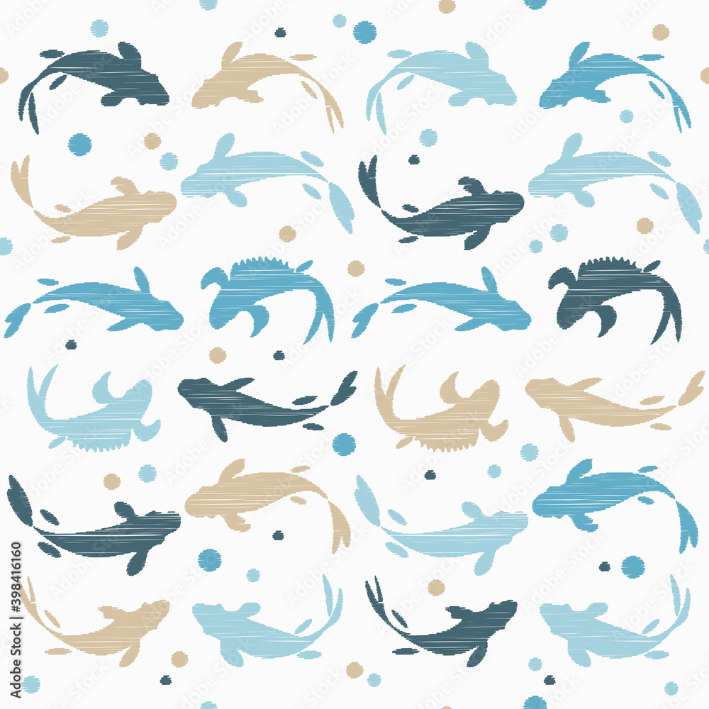 Chinese or Japanese seamless pattern Koi. Carp. Design with manual hatching. Textile. Vector illustration for web design or print. Chinese or Japanese seamless pattern Koi. Carp. Design with manual hatching. Textile. Vector illustration for web design or print.