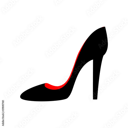 The model shoe is a classic pumps with a high stiletto heel. Hand drawn black silhouette of womens shoes. Stock vector flat illustration isolated on white background.