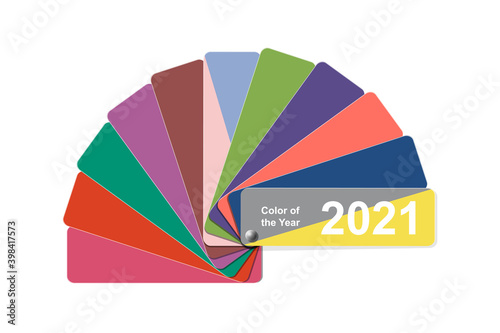 Ultimate Gray and Illuminating colors, change color of the year to 2021, fanned colour palette sample swatch book guide, paper, plastic fan coloring bridge wheel, stock vector illustration clipart