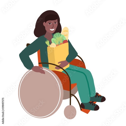 Young smiling black disabled woman holding paper bag with natural daily products. Cartoon flat style handicapped african person on wheelchair carrying package. Strong happy independent man shopping