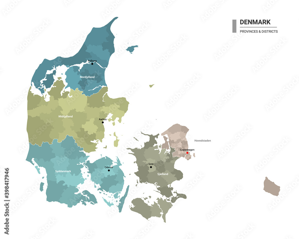 Denmark higt detailed map with subdivisions. Administrative map of ...