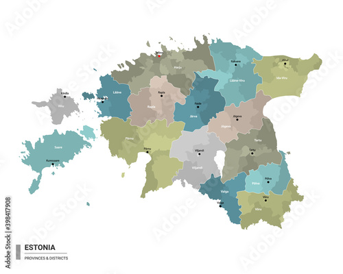 Estonia higt detailed map with subdivisions. Administrative map of Estonia with districts and cities name, colored by states and administrative districts. Vector illustration.