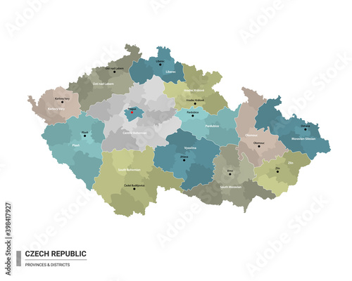 Czech Republic higt detailed map with subdivisions. Administrative map of Czech Republic with districts and cities name, colored by states and administrative districts. Vector illustration.