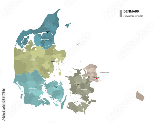 Denmark higt detailed map with subdivisions. Administrative map of Denmark with districts and cities name, colored by states and administrative districts. Vector illustration.