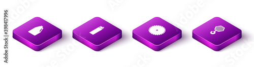 Set Isometric Household chemicals bottle, Lighter, Circular saw blade and Industrial hook icon. Vector.