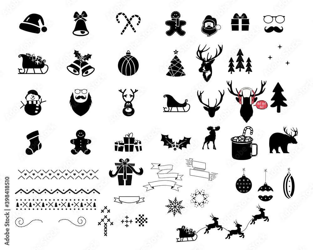 Christmas icons and elements set. Silhouette files for cricut bundle woth santa, christmas tree, deer, socks and so on. Holiday symbols for Xmas decor designs. Stock illustration