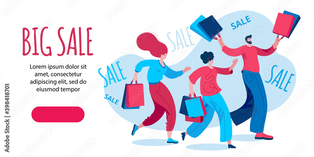 Naklejka premium Characters coming with packages from stores. People shopping at the Mall.Template for a horizontal banner on the sale theme.