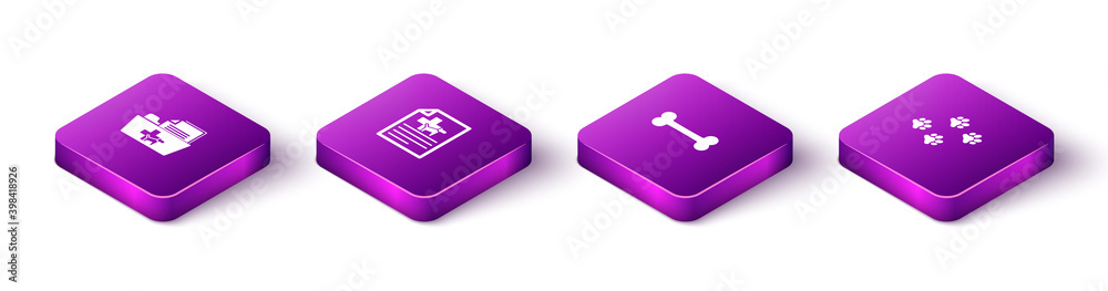 Set Isometric Medical veterinary record folder, certificate for dog cat, Dog bone and Paw print icon. Vector. Set Isometric Medical veterinary record folder, certificate for dog cat, Dog bone and Paw print icon. Vector.