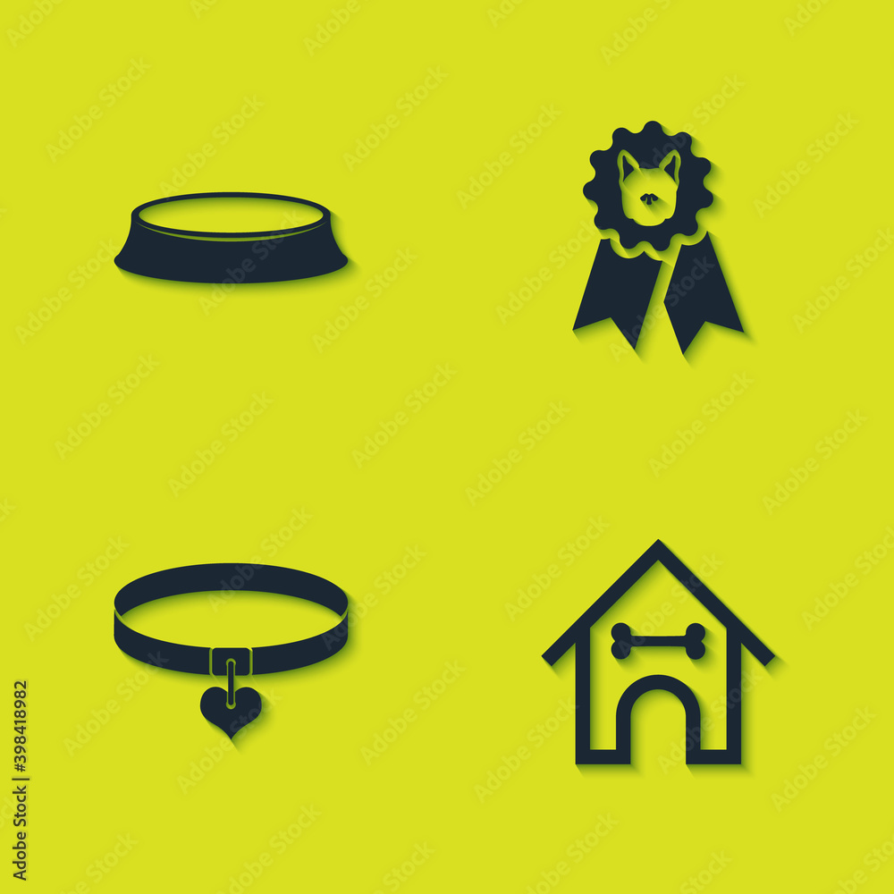 Set Pet food bowl, Dog house and bone, Collar heart and award symbol icon. Vector.