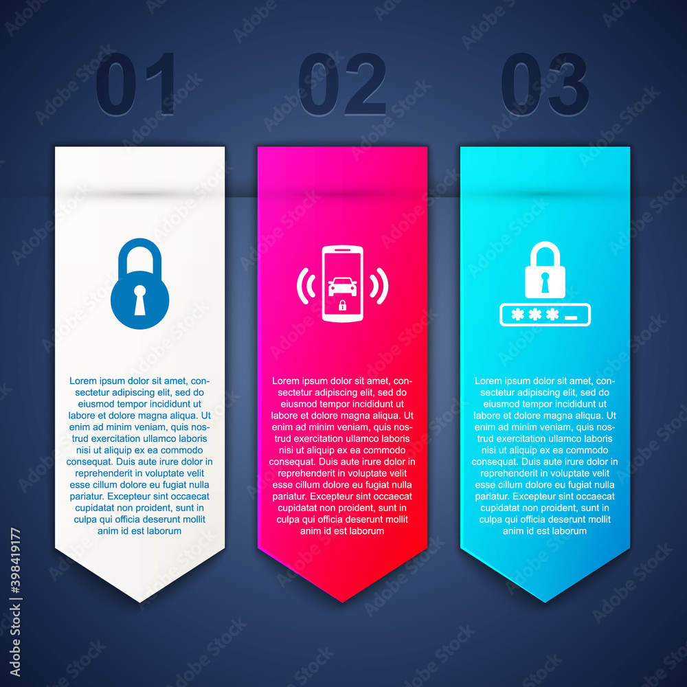 Set Lock, Smart car alarm system and Password protection. Business infographic template. Vector.