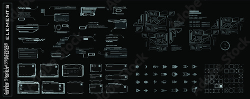 Big set HUD elements for the user interface. Frames, callouts, arrows, pointers, scales, bars, navigation targets, complex combined elements for HUD interface. Vector
