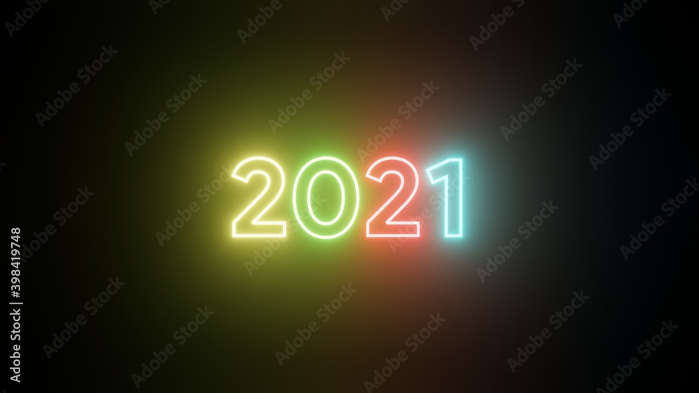 Colorful neon 2021 Happy New Year Neon banner . Realistic bright neon billboard on black background . Concept of holiday card with glowing text. 2021 Neon Text . 3d illustration rendering Colorful neon 2021 Happy New Year Neon banner . Realistic bright neon billboard on black background . Concept of holiday card with glowing text. 2021 Neon Text . 3d illustration rendering