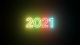 Colorful neon 2021 Happy New Year Neon banner . Realistic bright neon billboard on black background . Concept of holiday card with glowing text. 2021 Neon Text . 3d illustration rendering