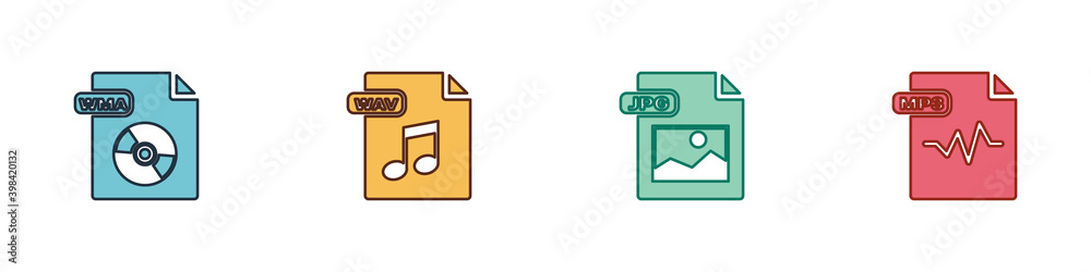 Set WMA file document, WAV, JPG and MP3 icon. Vector.