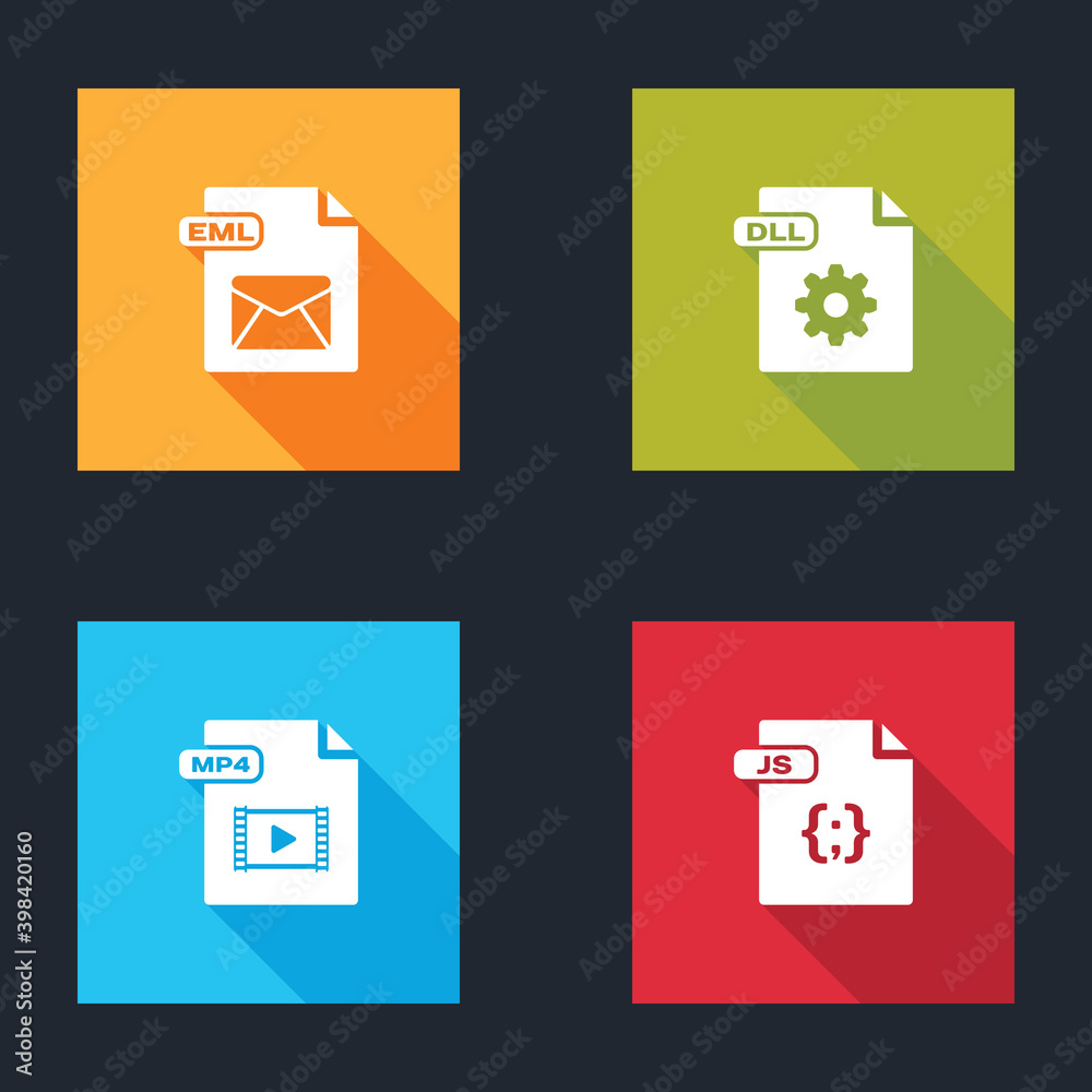 Set EML file document, DLL, MP4 and JS icon. Vector. Stock Vector | Adobe  Stock