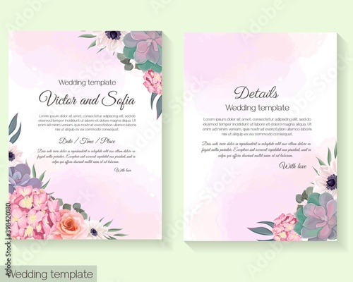 Floral wedding template. Succulents, pink roses, hydrangea, anemones, eucalyptus, green plants and leaves.