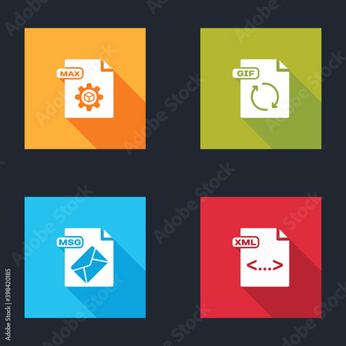 Set MAX file document, GIF, MSG and XML icon. Vector.