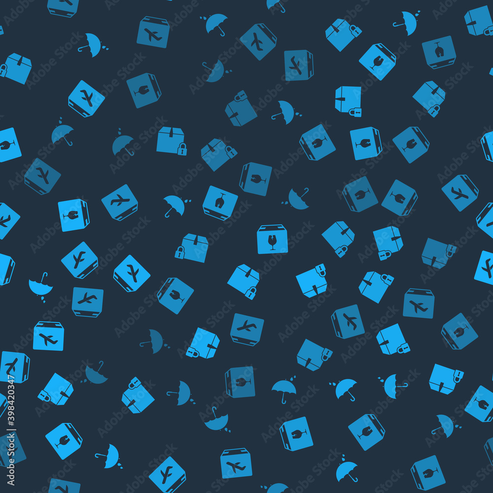 Set Umbrella and rain drops, Locked package, Delivery box with fragile content and Plane cardboard on seamless pattern. Vector. Set Umbrella and rain drops, Locked package, Delivery box with fragile content and Plane cardboard on seamless pattern. Vector.